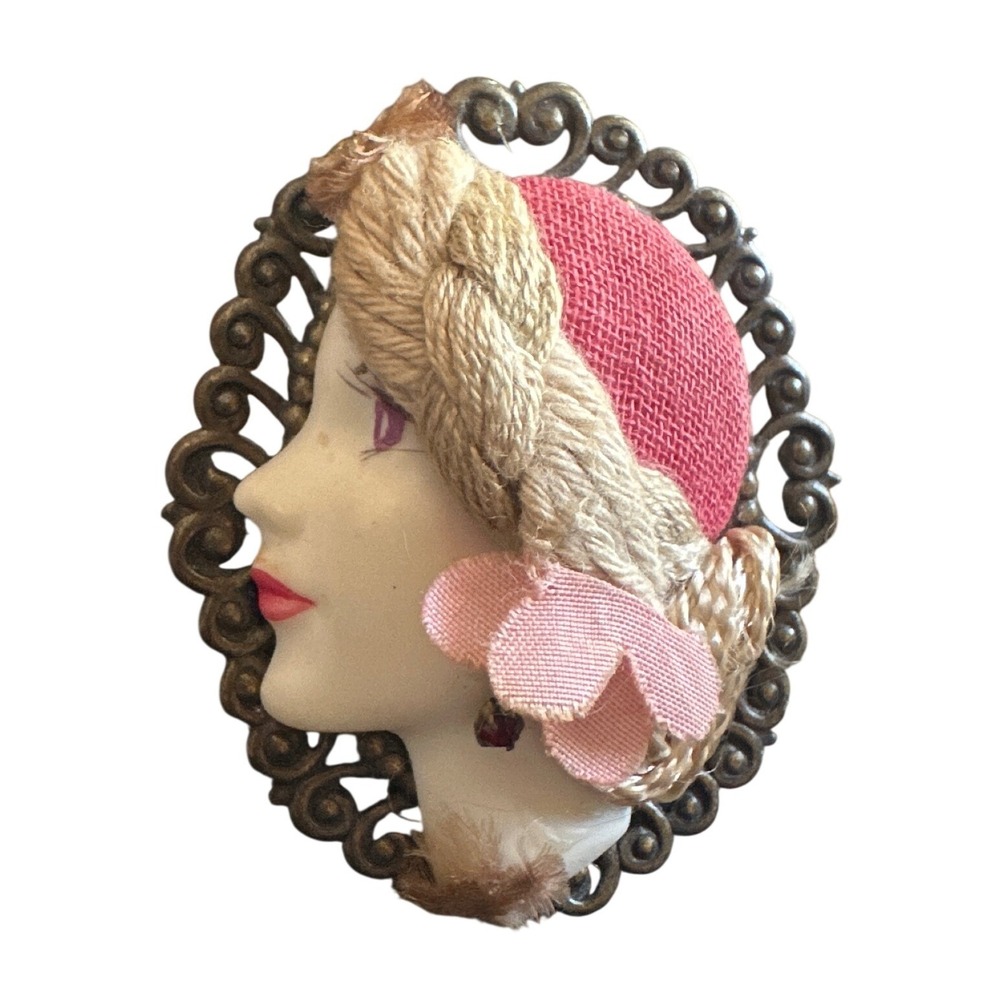 Vintage Lady Head Cameo Brooch Pink Fabric Hat Braided Hair Bronze Tone Frame